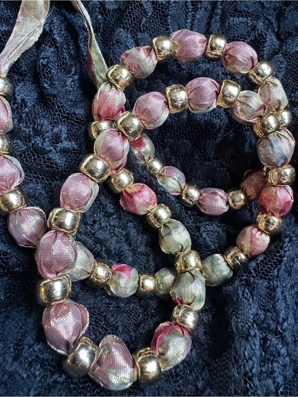 Vintage Gold Bead and Fabric Necklace handmade